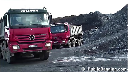 Hot blonde girl fucked in the middle of a construction work by 2 guys